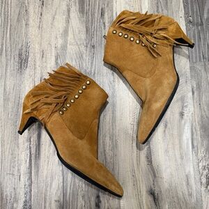 YSL Saint Laurent studded Fringe Suede Ankle Boots tan cognac 37 6.5 kitten heel
